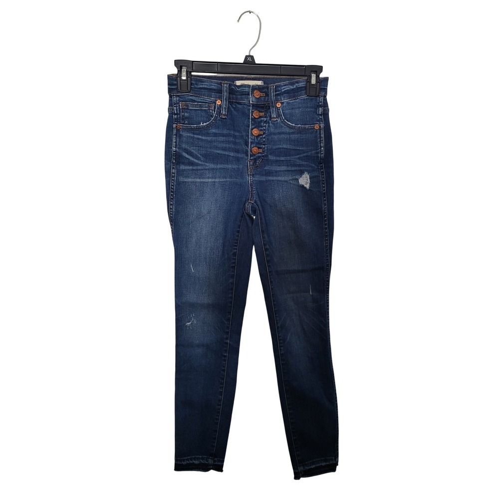 Madewell Skinny Jeans Women 23 Dark Blue High Rise Button Fly Raw Hem Distressed